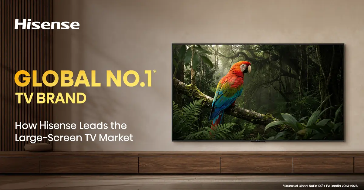 Hisense TV showcasing vibrant parrot visuals on a large screen display highlighting its global TV brand presence