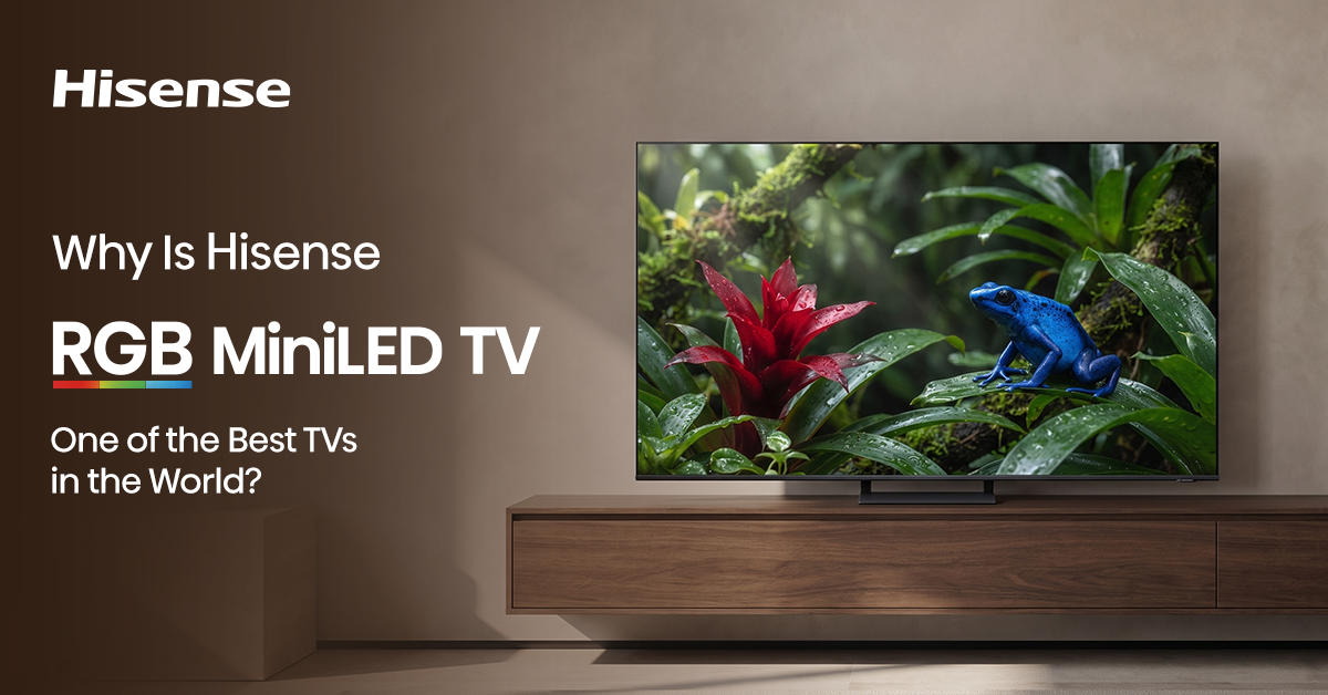 Hisense RGB MiniLED TV displaying vivid nature visuals in a modern living room setup showcasing premium picture quality